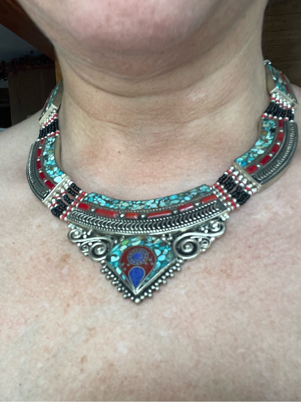 Handcrafted Tibetan Style Turquoise Coral Lapis Collar Necklace